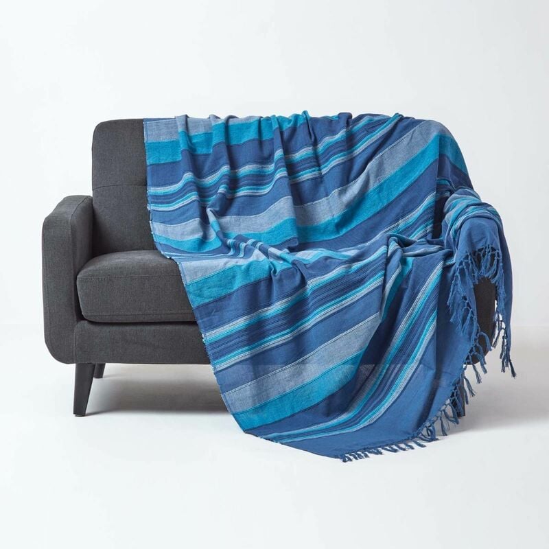 homescapes - jeté de lit ou de canapé à rayures morocco - bleu - 225 x 255 cm - bleu