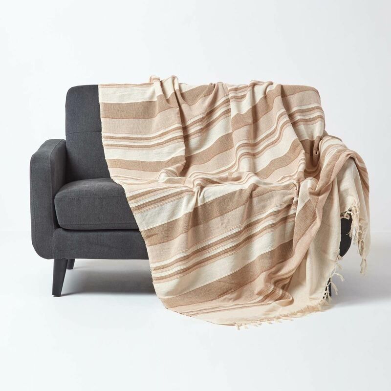 homescapes jeté de lit ou de canapé à rayures morocco - beige - 225 x 255 cm - beige
