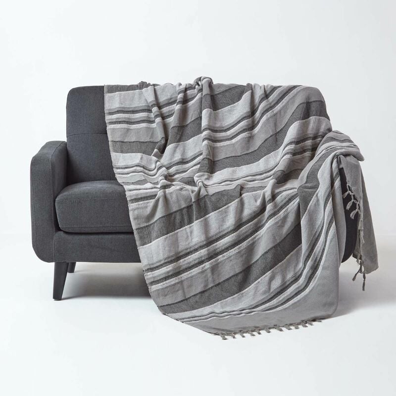 homescapes - jeté de lit ou de canapé à rayures morocco - gris - 225 x 255 cm - gris