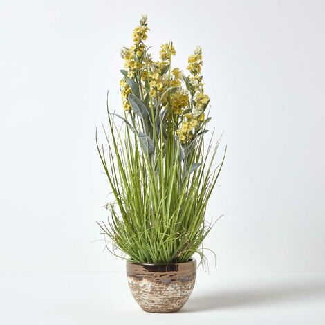 Homescapes Lavande artificielle jaune en pot en céramique bronze et blanc, 66 cm