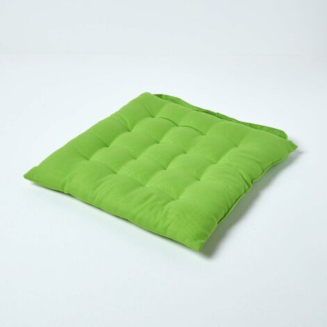 HOMESCAPES Lime Green Plain Seat Pad with Button Straps 100% Cotton 40 x 40 cm - Green