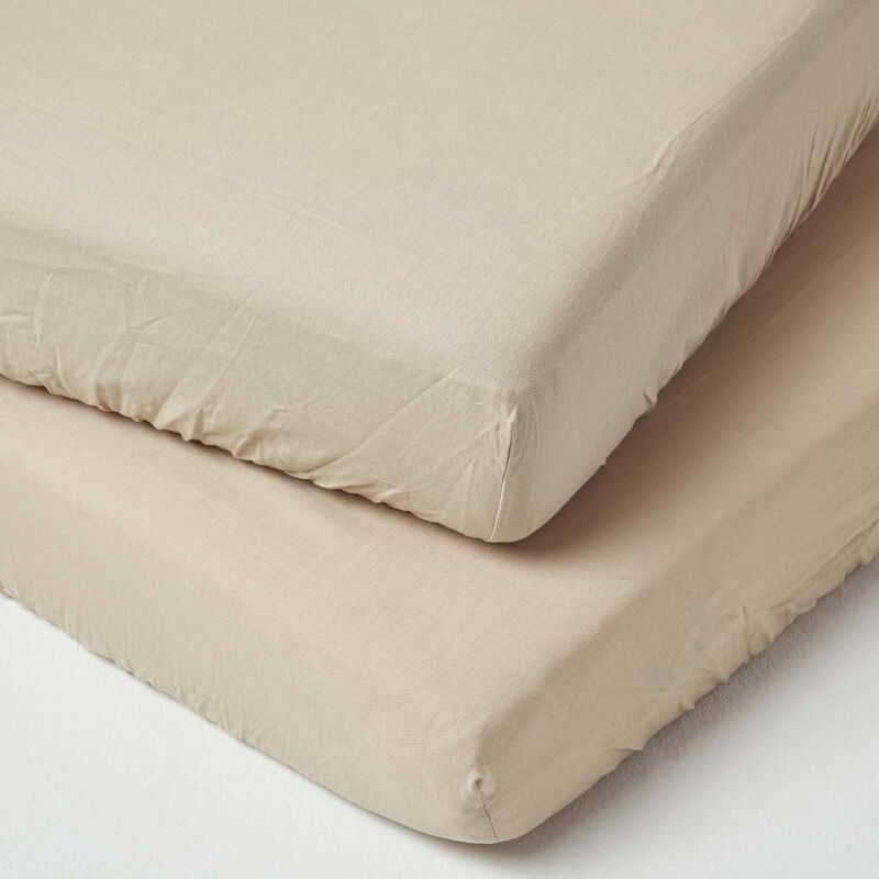 Homescapes - Lot de 2 Draps housse lit bébé en lin lavé Beige, 70 x 140 cm