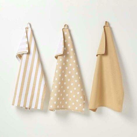 HOMESCAPES Lot de 3 torchons - Étoiles - Beige