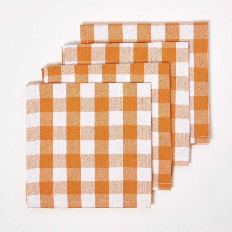 HOMESCAPES Lot de 4 serviettes de table à grands carreaux vichy en coton, Orange