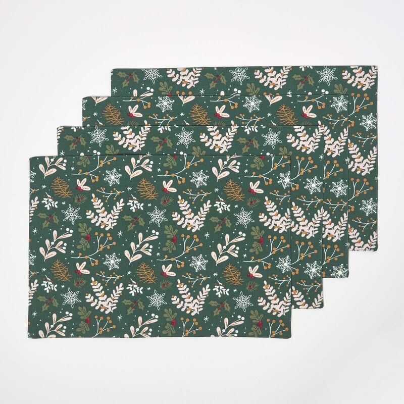 Homescapes - Lot de 4 Sets de table Noël Forêt Festive en coton