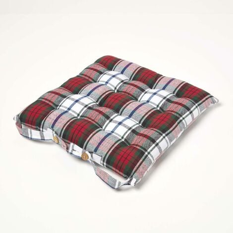 HOMESCAPES Macduff Tartan Seat Pad with Button Straps 100% Cotton 40 x 40 cm - Red