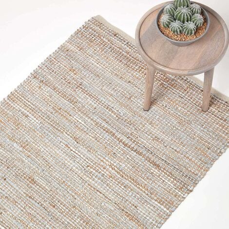 HOMESCAPES Madras Leather Hemp Rug Natural, 90 x 150 cm - Natural