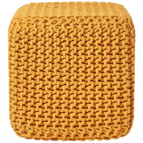 HOMESCAPES Mustard Cube Cotton Knitted Pouffe Footstool
