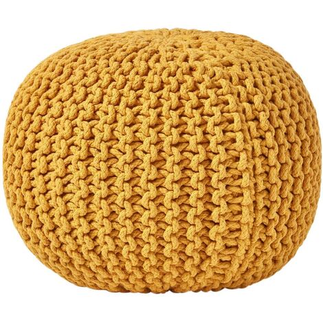 HOMESCAPES Mustard Round Cotton Knitted Pouffe Footstool
