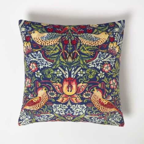 HOMESCAPES Navy William Morris Strawberry Thief Velvet Cushion