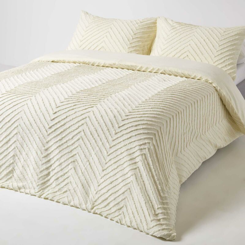 Homescapes - Off White Chevron Cotton Tufted Duvet Cover Set, Single - Off White