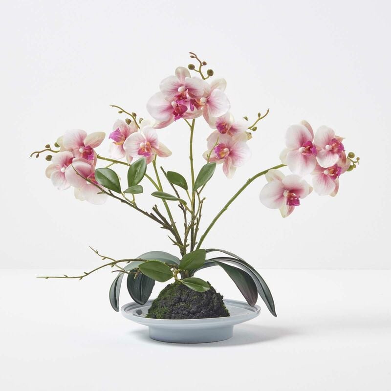 Orchidée artificielle rose dans un bol en céramique gris 38 cm - Rose et blanc - Homescapes