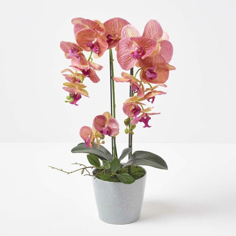 HOMESCAPES Orchidée artificielle orange en pot en céramique blanc 58 cm - Orange