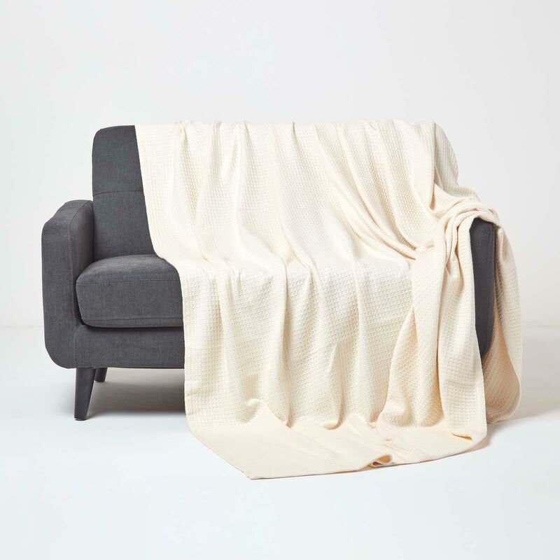 Homescapes - Organic Cotton Waffle Blanket/ Throw Natural, 280 X 230 Cm