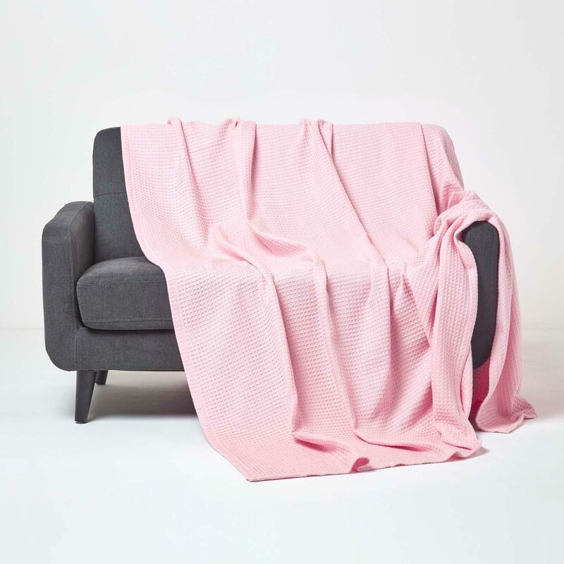 Homescapes - Organic Cotton Waffle Blanket/ Throw Pink, 228 X 228 Cm