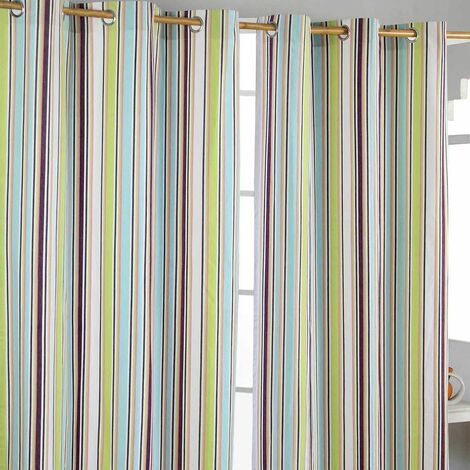 HOMESCAPES Osaka Green Stripes Ready Made Eyelet Curtain Pair, 137 x 182 cm Drop