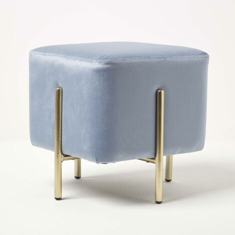 HOMESCAPES Osborne Velvet Footstool Cube with Legs, Light Blue - Light Blue - Light Blue