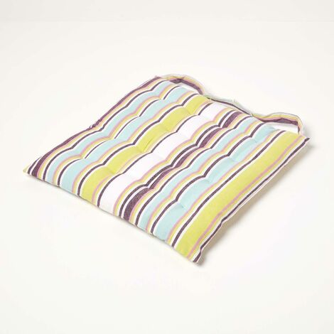 HOMESCAPES Oska Green Stripe Seat Pad with Button Straps 100% Cotton 40 x 40 cm