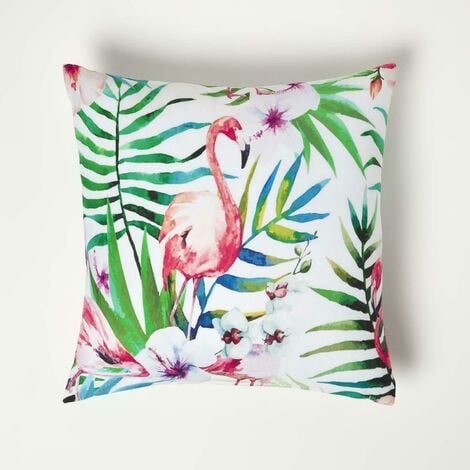 HOMESCAPES Outdoor Kissen 45 x 45 cm - Gartenkissen Flamingo mit Blumen - Mehrfarbig