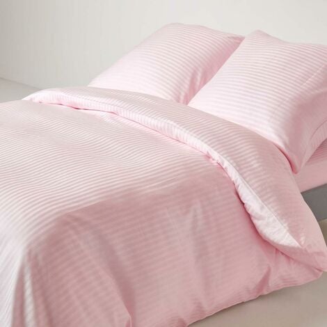 Parure de lit imprimée 100% coton, stitch stripe blanc, rose