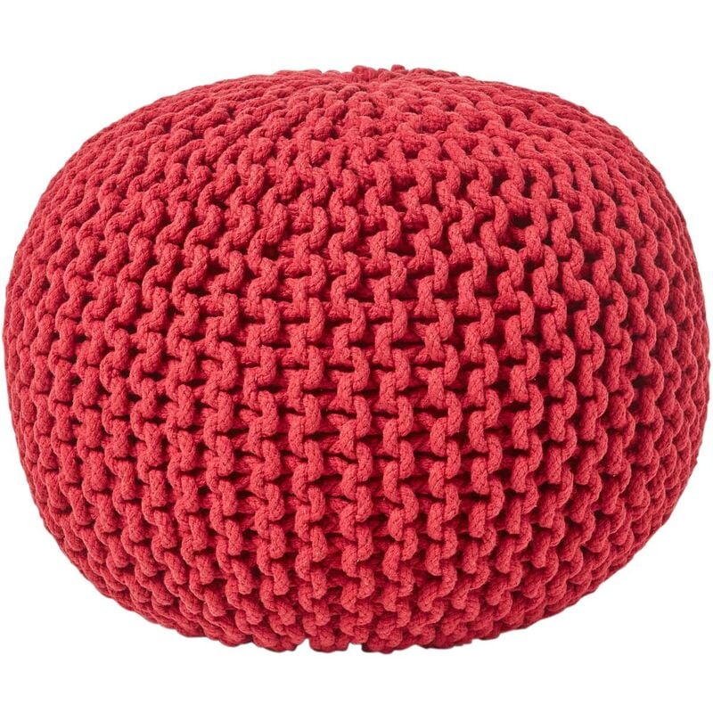 Red Round Cotton Knitted Pouffe Footstool - Red - Homescapes