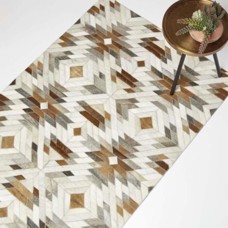 HOMESCAPES Patchwork Lederteppich 90 x 150 cm creme-grau-braun - Fellteppich Ethno-Muster
