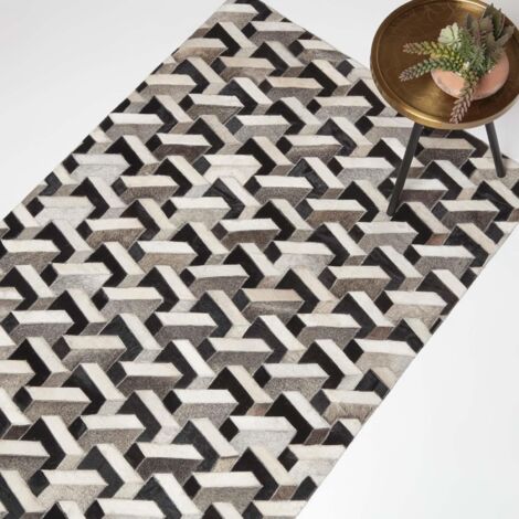 HOMESCAPES Patchwork Lederteppich 90 x 150 cm creme-grau-schwarz - Fellteppich Quader-Muster