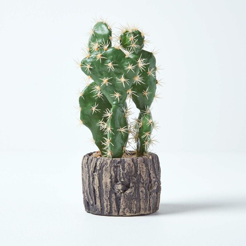 Homescapes - Petit Cactus artificiel Figuier de Barbarie en pot effet bois 26 cm - Vert