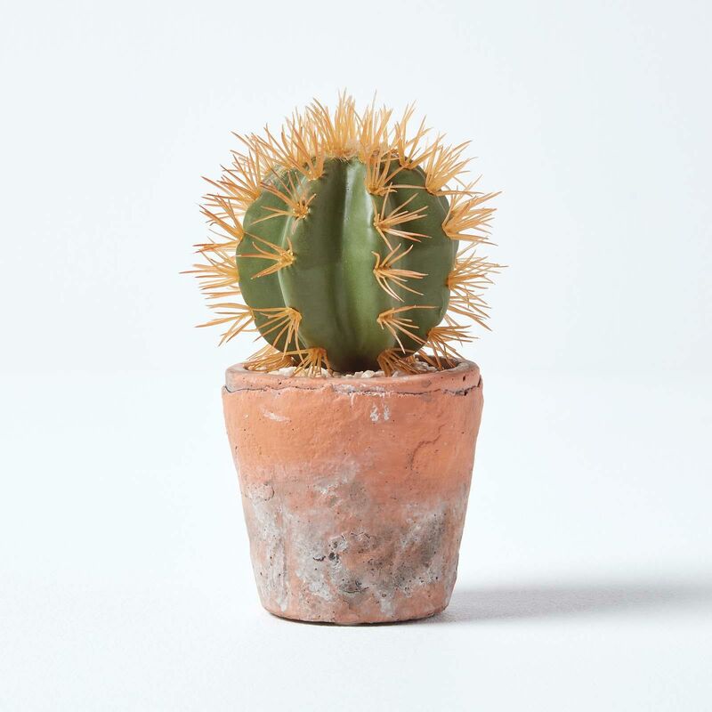 Homescapes - Petit cactus artificiel rond orange en pot en terracotta, 15 cm - Orange