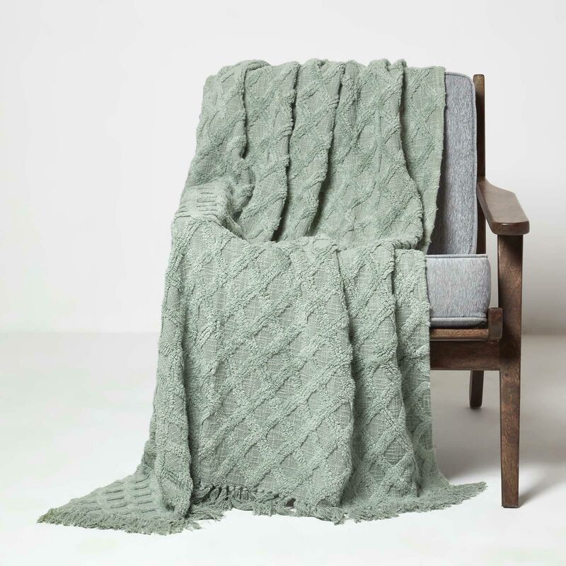 Homescapes - Plaid vert d'eau en coton tufté à losanges, 125 x 150 cm