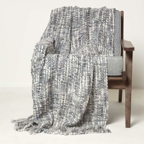 HOMESCAPES Plaid gris doux Ophelia à franges, 125 x 150 cm