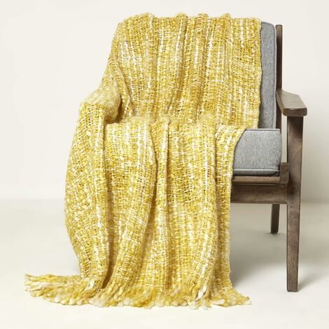 HOMESCAPES Plaid jaune doux Ophelia à franges, 125 x 150 cm