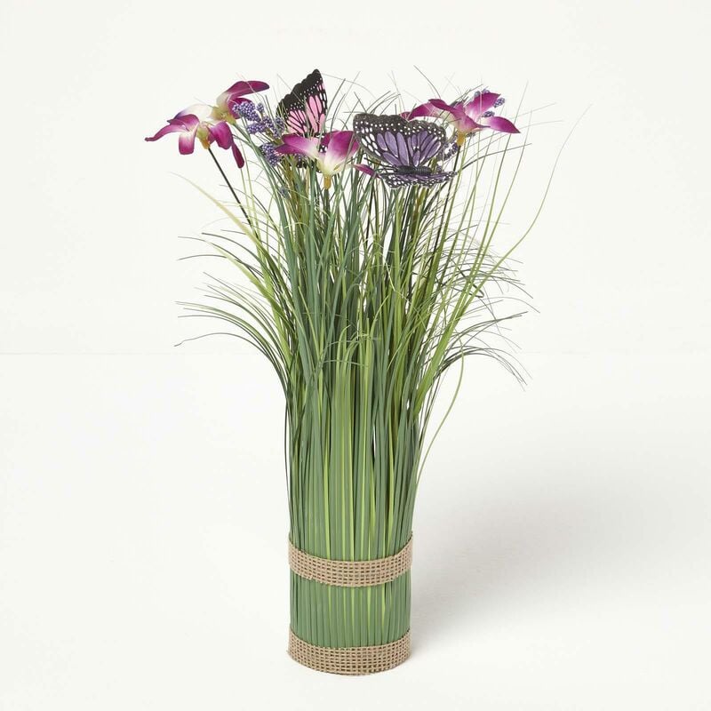 Homescapes - Plante artificielle herbes folles avec fleurs et papillons violets - Violet