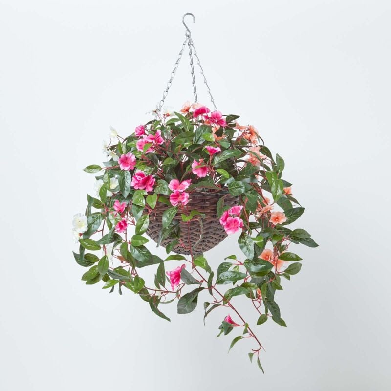 HOMESCAPES Plante artificielle suspendue Balsamine Multicolore en pot