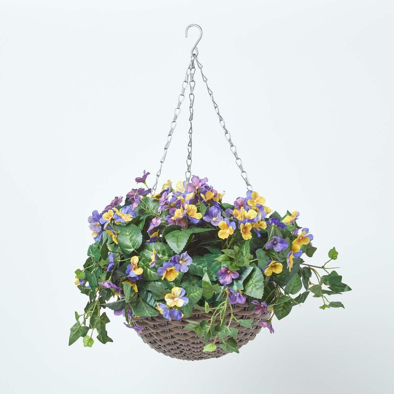 Homescapes - Plante artificielle suspendue Pensées multicolore en pot - Violet et Jaune