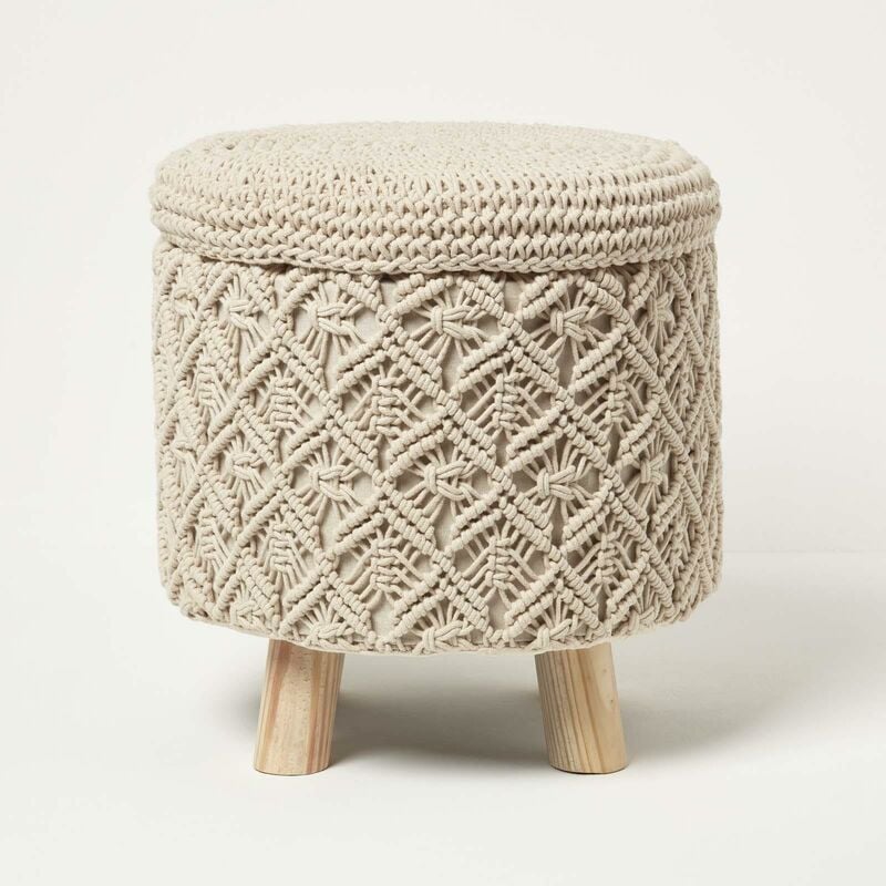Pouf bohème macramé Indy avec rangement, Ecru - Homescapes