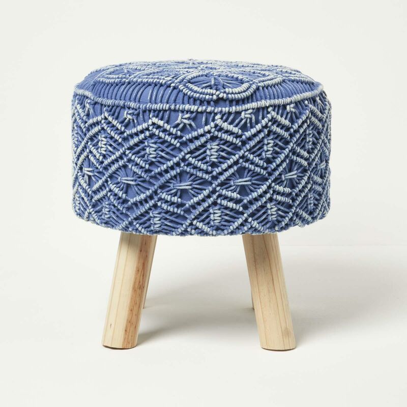 Pouf bohème macramé Willow sur pieds, Bleu - Homescapes
