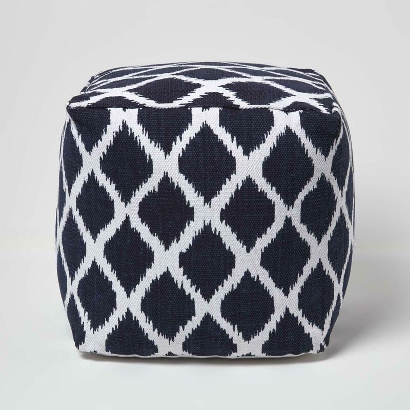 Pouf carré Motifs Ikat bleu et blanc 40 x 40 x 40 cm - Homescapes