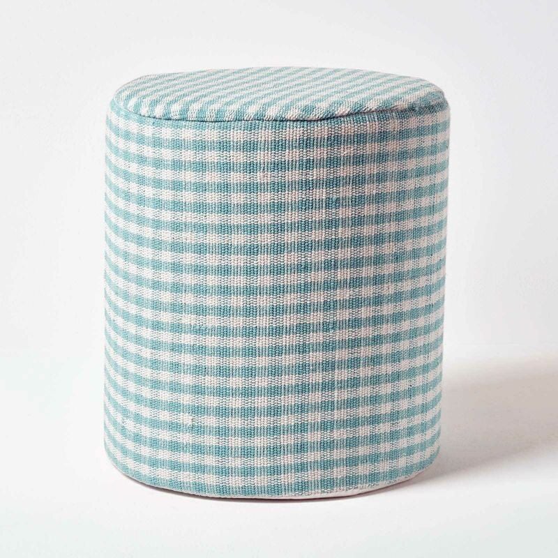 Homescapes - Pouf rond à carreaux Vichy Bleu 40 x 40 x 42 cm