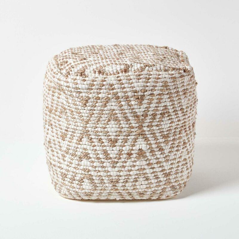 Pouf carré en jute et coton beige et blanc - 40 cm - Sierra - Homescapes