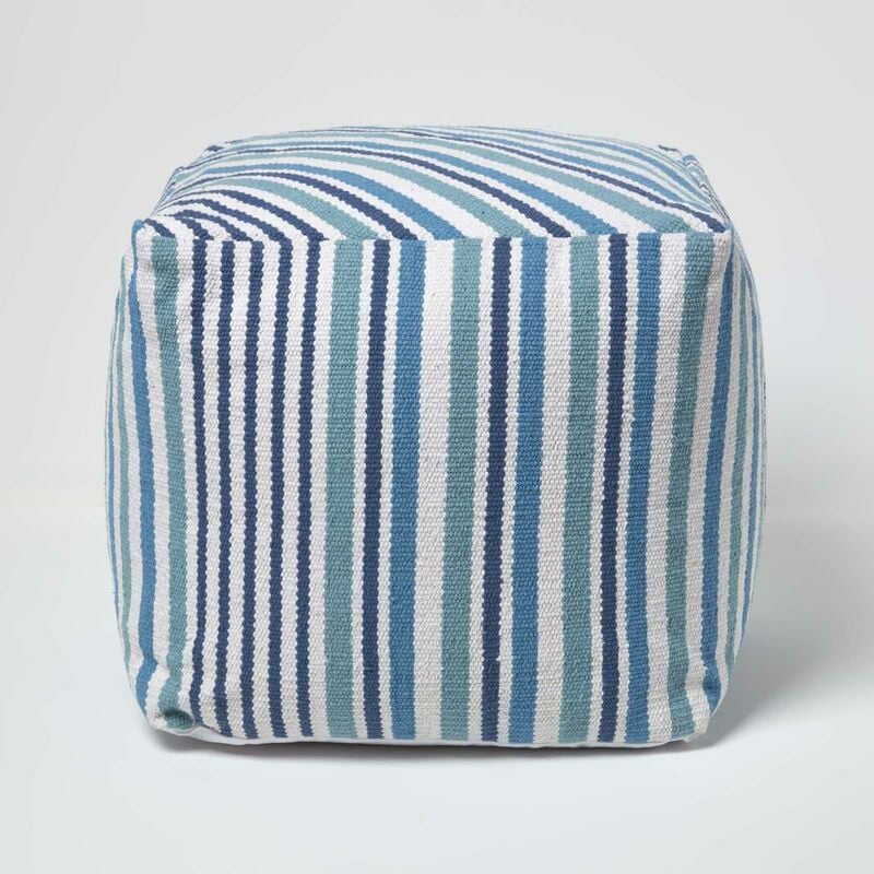 HOMESCAPES Pouf carré en coton rayé bleu 40 x 40 cm