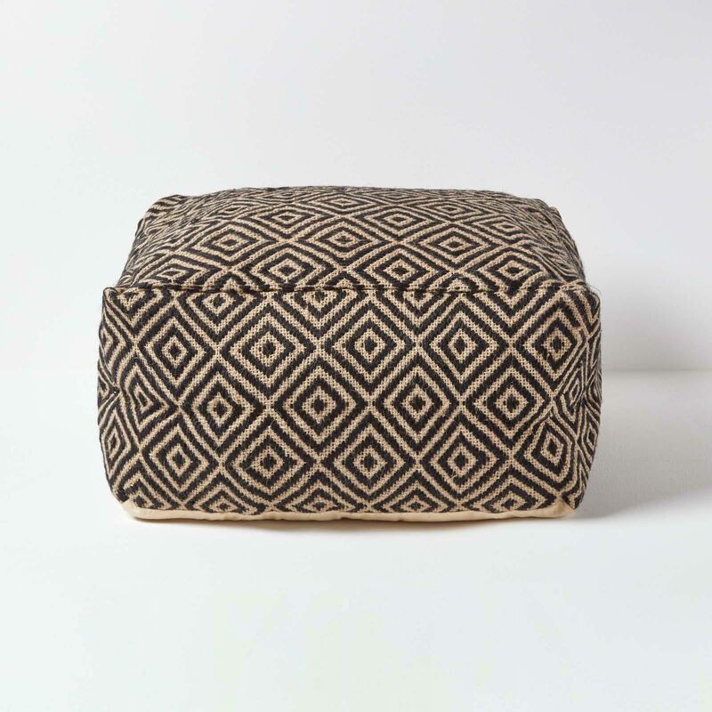 Homescapes - Pouf carré en jute motifs losanges Noir 60 x 60 cm