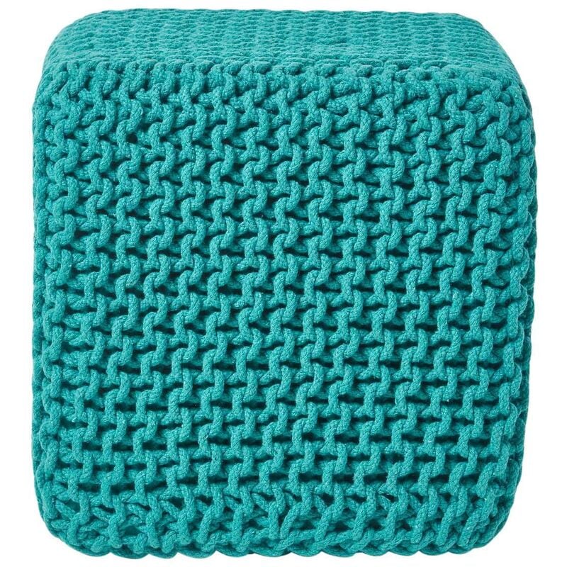 Pouf cube tressé en tricot - Vert turquoise - Homescapes
