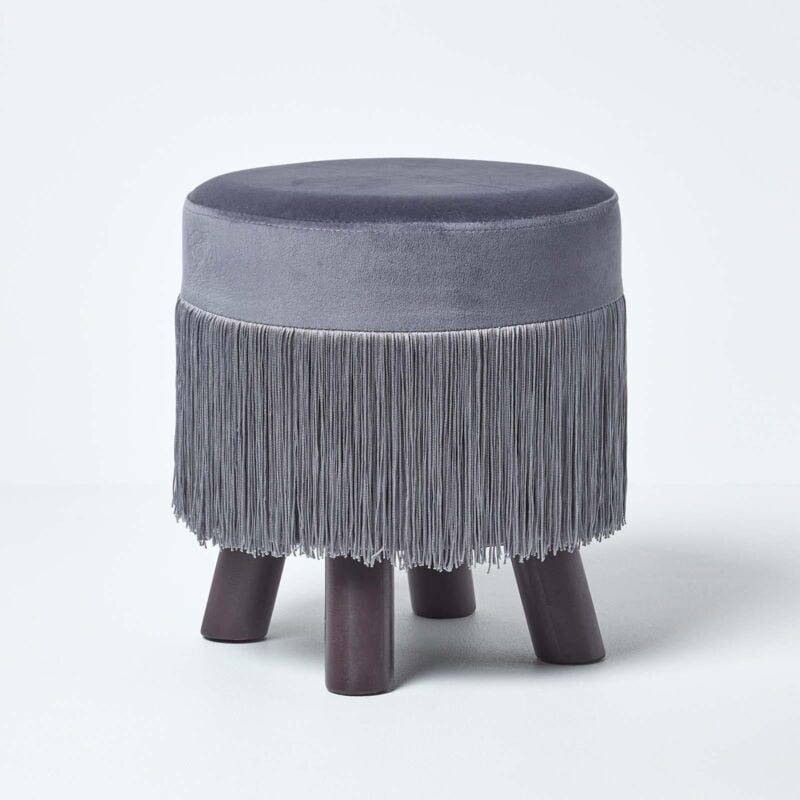Pouf rond en velours à franges Warwick avec pieds, Gris - Homescapes