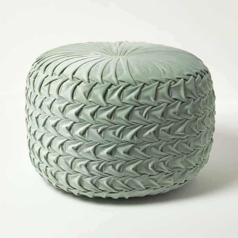 Pouf rond Grace en velours plissé, Vert - Homescapes
