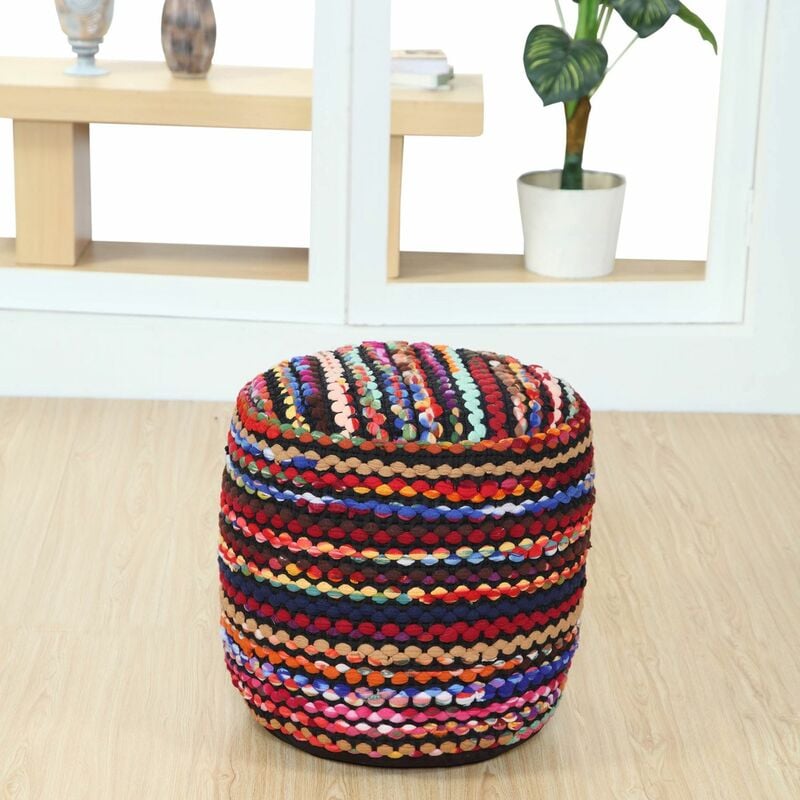 HOMESCAPES Pouf rond tissé Chindi multicolore - 45 cm - Folk