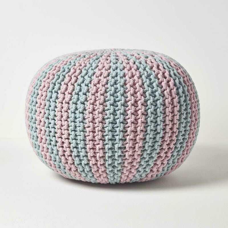 HOMESCAPES Pouf tressé rond bleu et rose, 40 x 50 cm