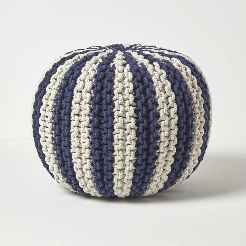 Pouf tressé rond bleu marine et blanc, 35 x 40 cm - Homescapes