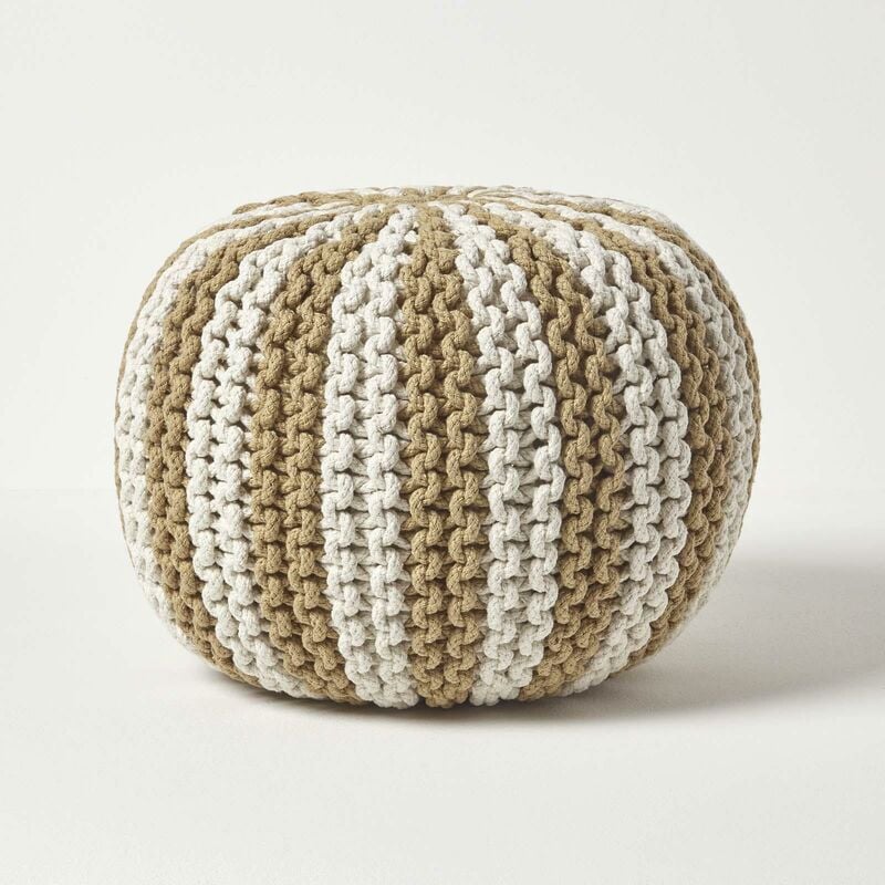 Pouf tressé rond beige et blanc, 35 x 40 cm - Homescapes