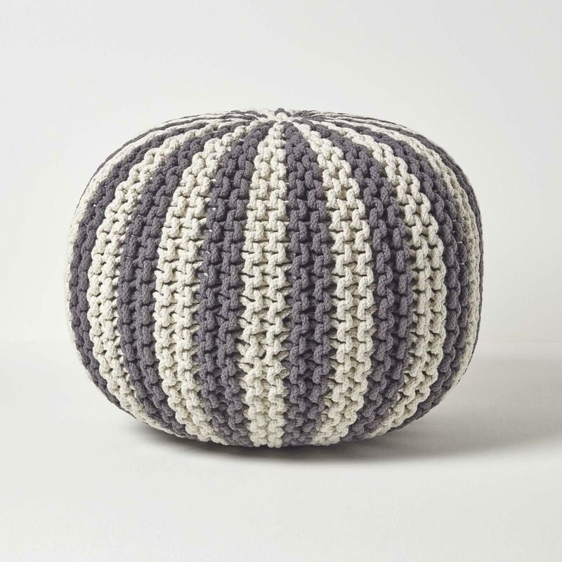HOMESCAPES Pouf tressé rond gris et blanc, 40 x 50 cm